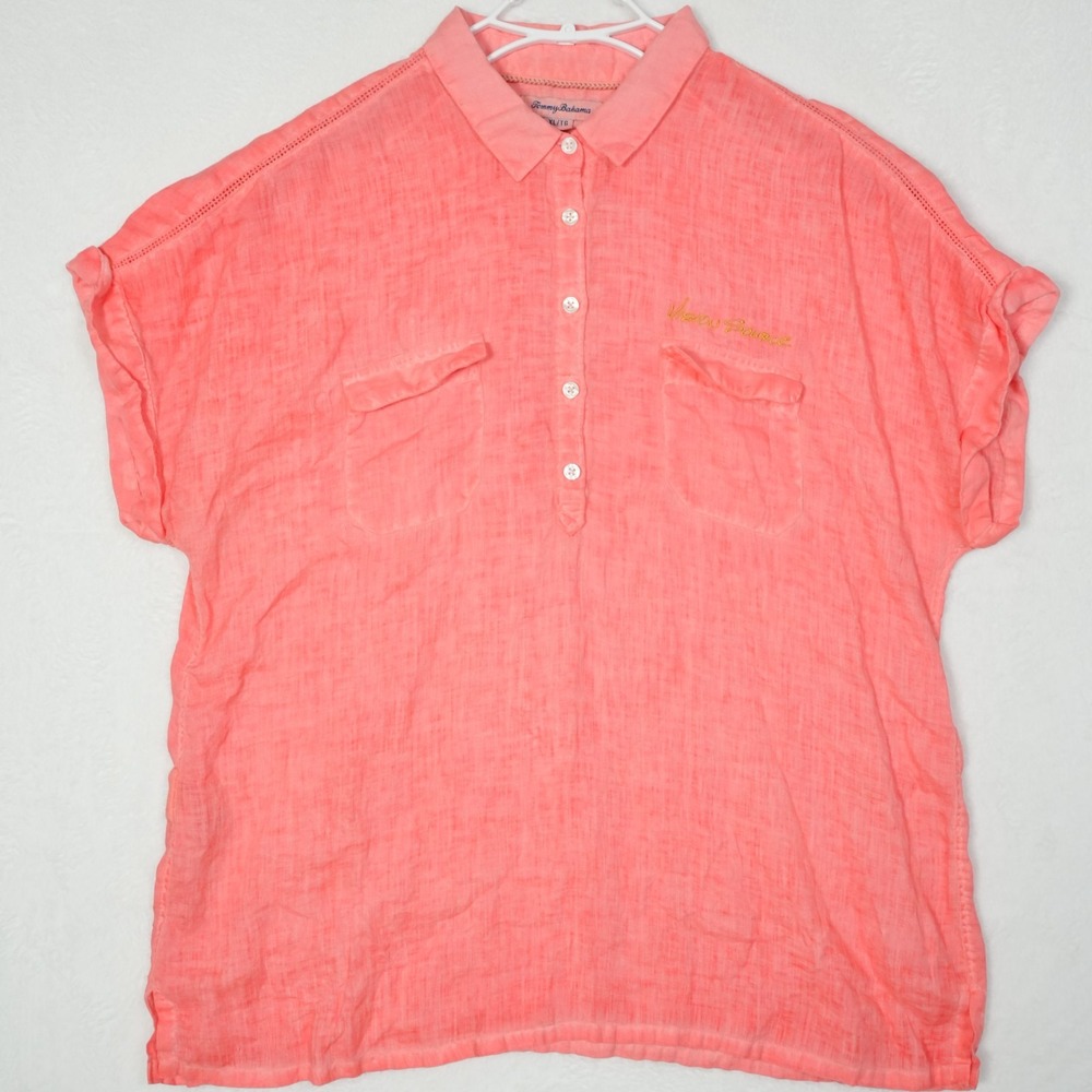 Tommy Bahama Womens XL Coral Pink 100% Linen Short Sleeve Popover Shirt‎ Logo